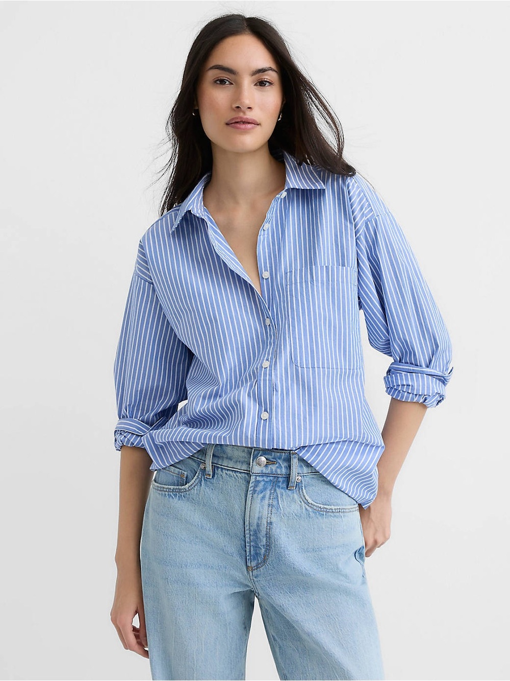 LOFT Light Blue & White Striped Button-Down Shirt